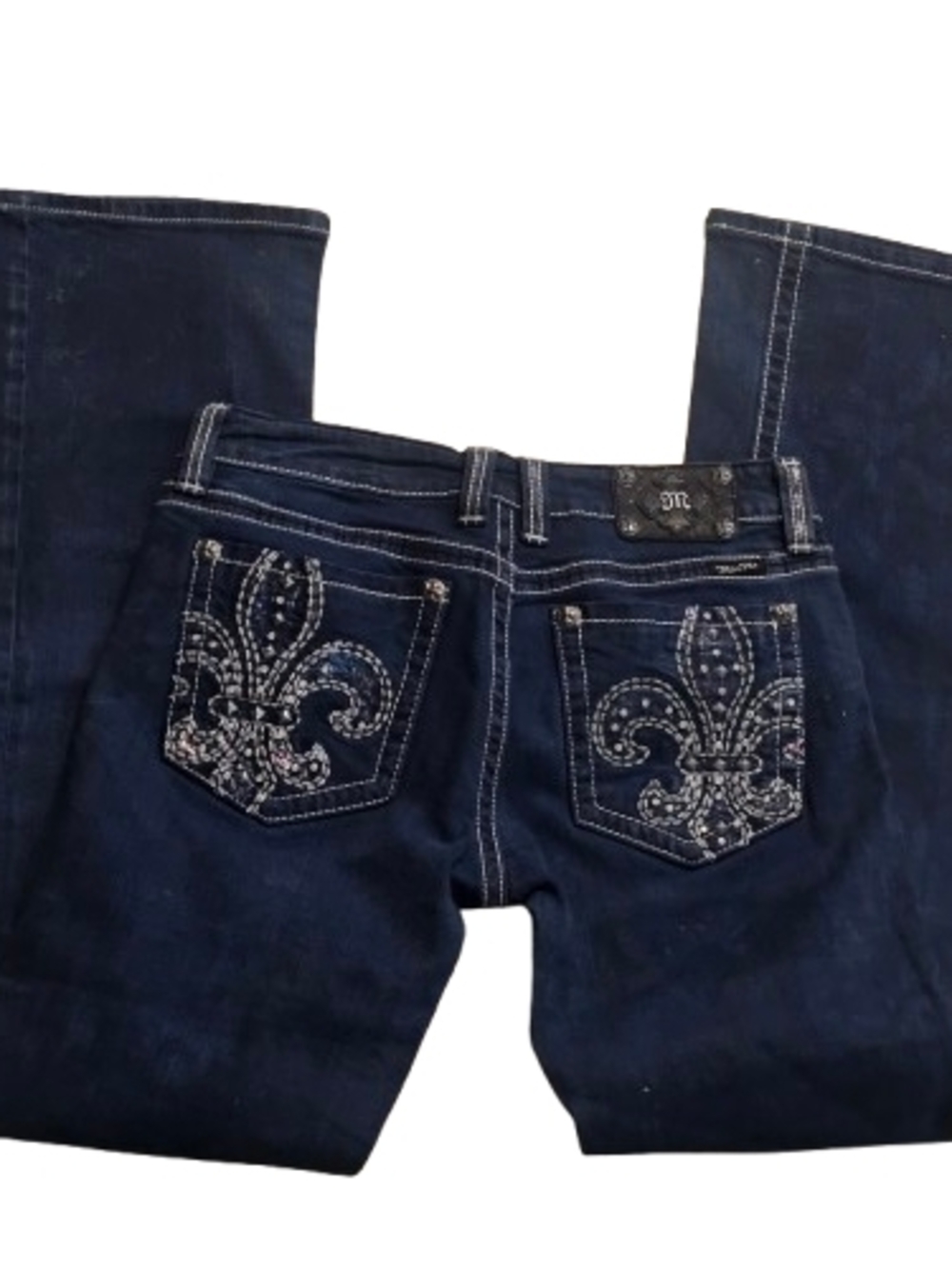 Miss Me Women's 31x34 Dark Blue Denim Bootcut Jeans Bling Fleur-de-lis Pockets